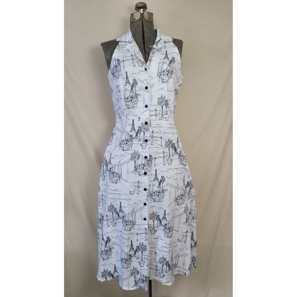 Vintage 80s 90s‎ Clue Midi White Black Paris Dress Collared Sleeveless Size 12 L